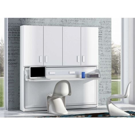 Lit escamotable 90x190 P 34cm chêne blanchi avec étagères et bureau Miko