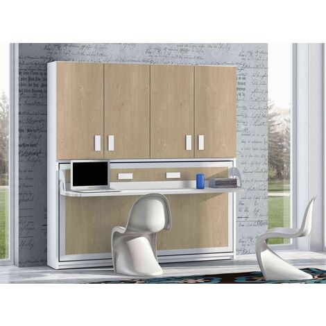 Lit escamotable 90x190 P 34cm chêne clair avec étagères et bureau Miko