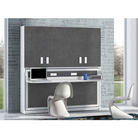 Lit escamotable 90x190 P 34cm gris béton avec étagères et bureau Miko