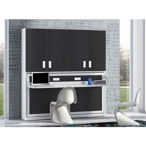 Lit escamotable 90x190 P 53cm anthracite avec étagères et bureau Miko