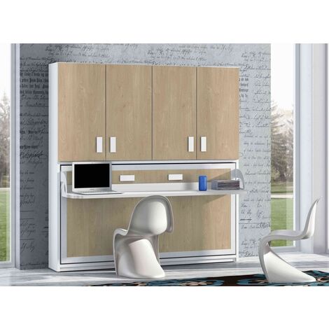 Lit escamotable 90x190 P 53cm chêne clair avec étagères et bureau Miko