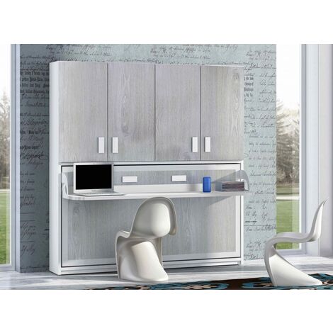 Lit escamotable 90x190 P 53cm chêne gris avec étagères et bureau Miko