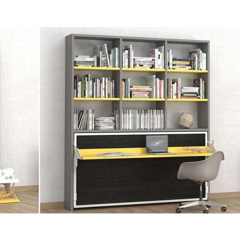 Lit escamotable 90x200 avec bureau et bibliothèque Spacio-Coffrage Noyer-Façade Noyer