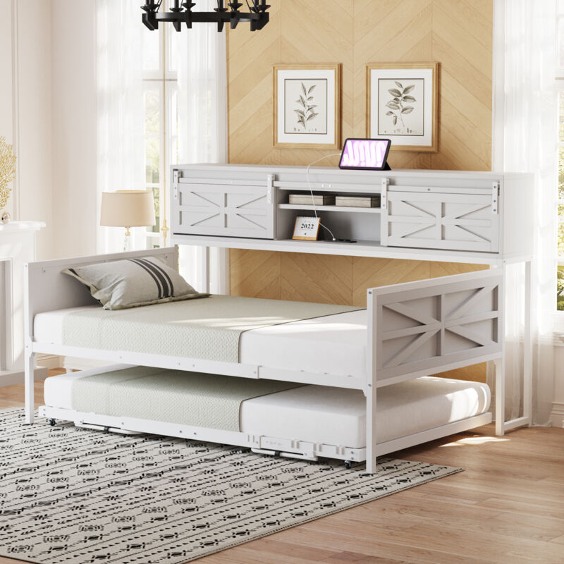 Lit escamotable 90x200 cm avec lit gigogne 90x190 cm, rangements et prises USB-Type-C, en métal, sans matelas, blanc