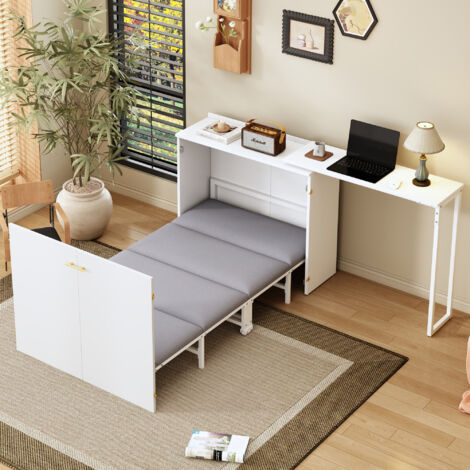 Lit Escamotable 90x200cm - Avec Bureau Pivotant et Matelas Inclus - Mécanisme Rabattable Simple - Rangement Intégré  - Blanc