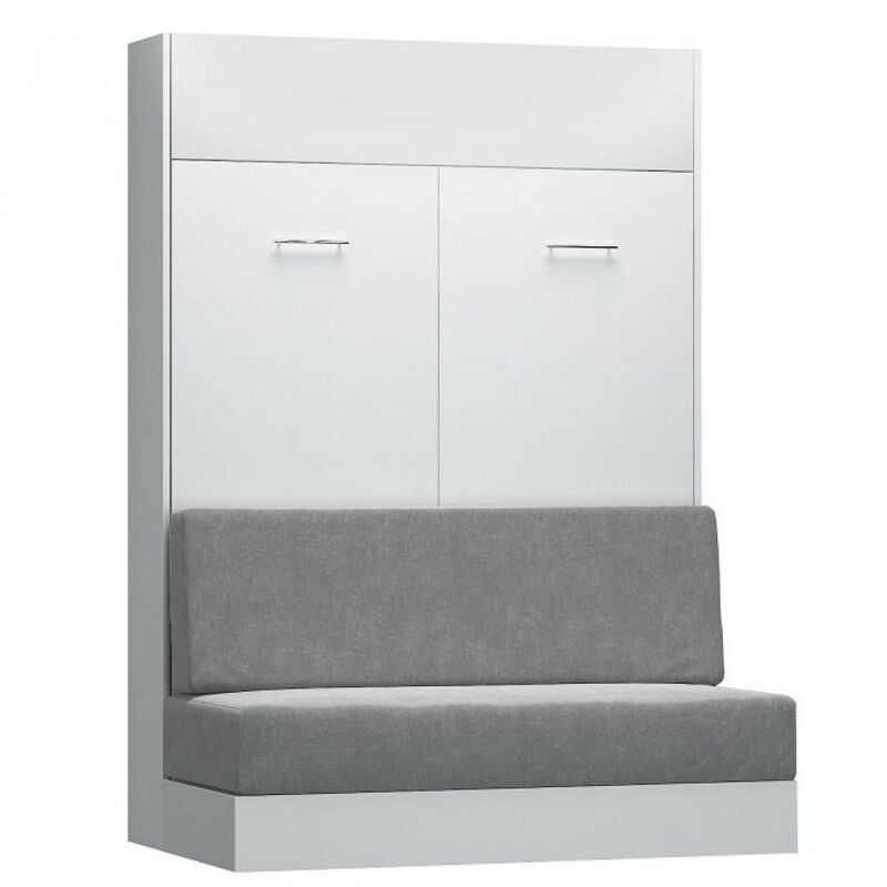 LES TENDANCES Lit escamotable avec banquette tissu gris 160x200 cm blanc mat ouverture assistée Nodyo