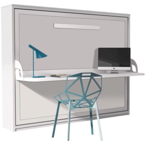 Lit escamotable avec bureau 90x190 blanc satiné P 35 Kinoa
