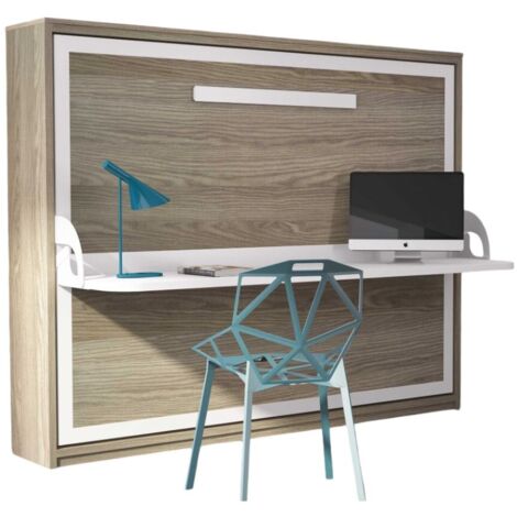 Lit escamotable avec bureau 90x200 chêne clair P 35 Kinoa