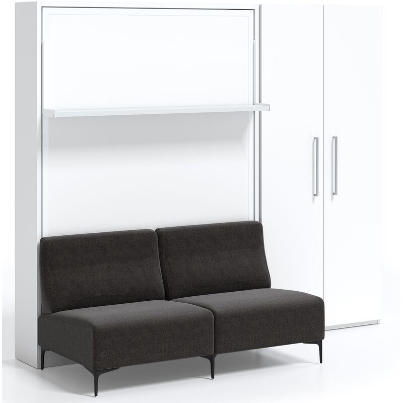 Lit escamotable avec canapé en tissu et armoire Barko 160x200 cm - Canapé Gris - Structure et Façade Noyer
