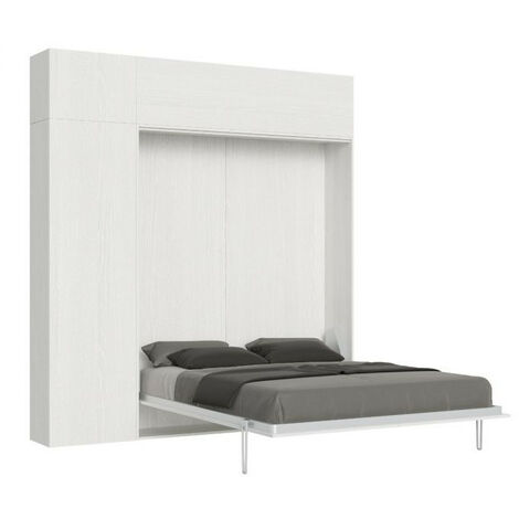 Lit escamotable avec colonne de rangement et éléments hauts bois frêne blanc kanto 160x190