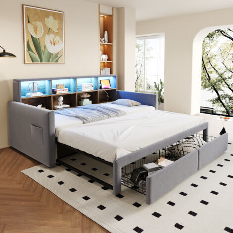 Lit escamotable canapé-lit 90/180×190 cm gris clair velours,tête de lit avec rangements,LED,prises,2 tiroirs,cadre à lattes,confortable