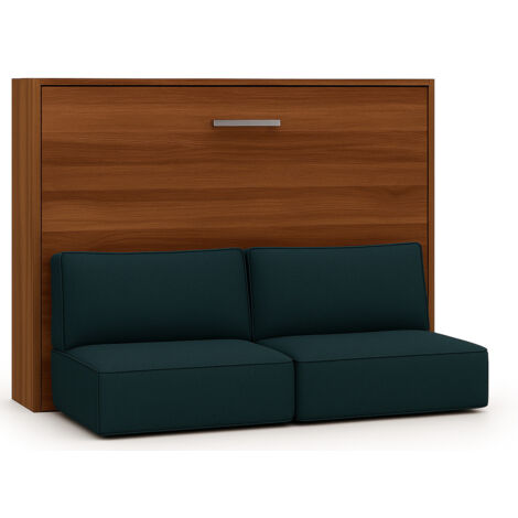 Lit escamotable horizontal avec banquette & coffres LOGIA Bleu canard-160x200-Canapé Bleu canard-Structure Noyer
