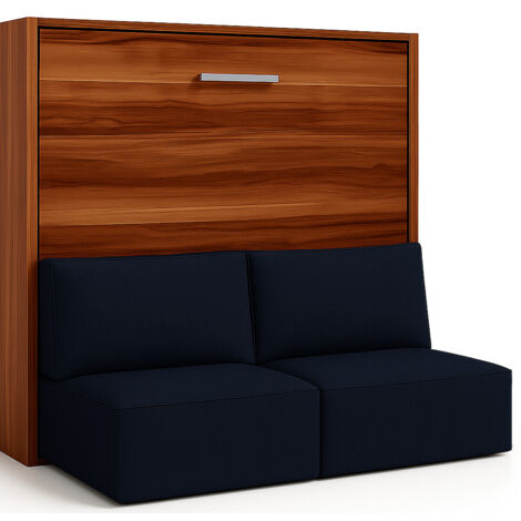 Lit escamotable horizontal avec banquette & coffres LOGIA Bleu marine-160x200-Canapé Bleu marine-Structure Noyer