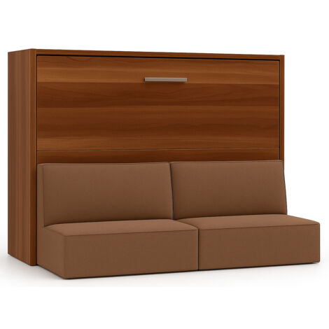 Lit escamotable horizontal avec banquette & coffres LOGIA Camel-140x190-Canapé Camel-Structure Noyer