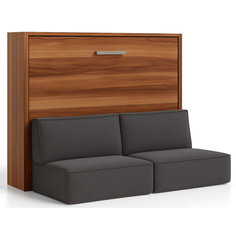 Lit escamotable horizontal avec banquette & coffres LOGIA Gris foncé-160x200-Canapé Gris foncé-Structure Noyer