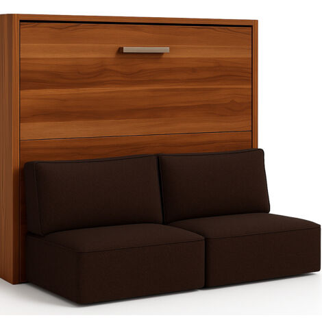 Lit escamotable horizontal avec banquette & coffres LOGIA Marron-140x190-Canapé Marron-Structure Noyer