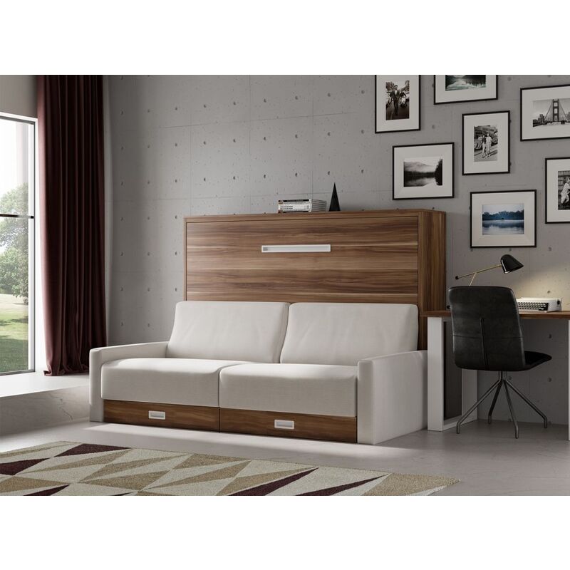 Lit escamotable horizontal avec canapé tissu Vetal 140x200 cm - Canapé Rouge - Structure et Façade Chêne 3D