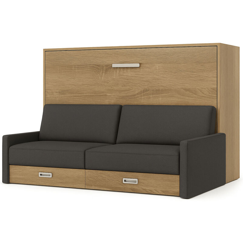 Les Tendances - Lit escamotable horizontal avec canapé tissu Vetal 140x200-Canapé Gris foncé-Structure,Façade Chêne 3D