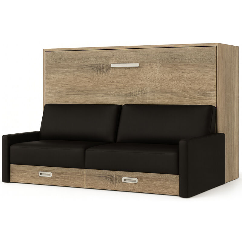 Les Tendances - Lit escamotable horizontal avec canapé Vetal 140x190-Canapé Noir-Structure et Façade Chêne clair