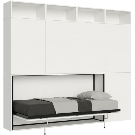 Lit escamotable horizontal blanc Bounto 85x185 avec rangement et bibliothèque composition B-