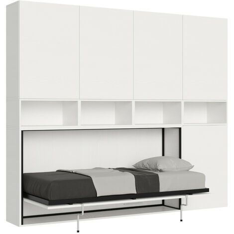 Lit escamotable horizontal blanc Bounto 85x185 avec rangement et bibliothèque composition C-1 matelas 85x185cm
