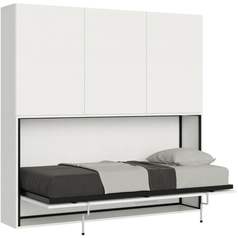 Lit escamotable horizontal blanc Bounto 85x185 avec rangement et bibliothèque composition D-
