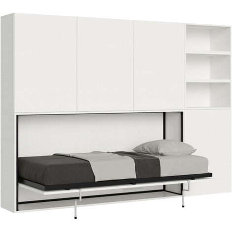 Lit escamotable horizontal blanc Bounto 85x185 avec rangement et bibliothèque composition F-