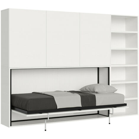 Lit escamotable horizontal blanc Bounto 85x185 avec rangement et bibliothèque composition G-1 matelas 85x185cm