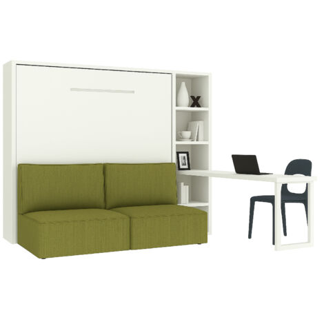 Lit escamotable horizontal LOGIA lit+canapé+étagère+bureau Vert pistache-160x200-Canapé Vert pistache-Structure Blanche-Version lit+canapé+étagère+bureau