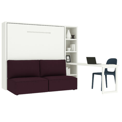 Lit escamotable horizontal LOGIA lit+canapé+étagère+bureau Violet-160x200-Canapé Violet-Structure Blanche-Version lit+canapé+étagère+bureau