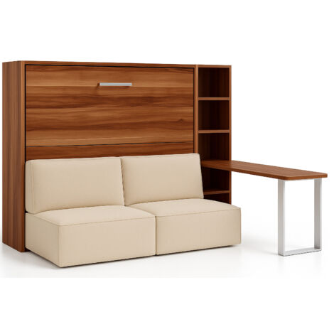 Lit escamotable horizontal LOGIA Naturel lit+canapé+étagère+bureau-140x200-Canapé Naturel-Structure Noyer-Version lit+canapé+étagère+bureau