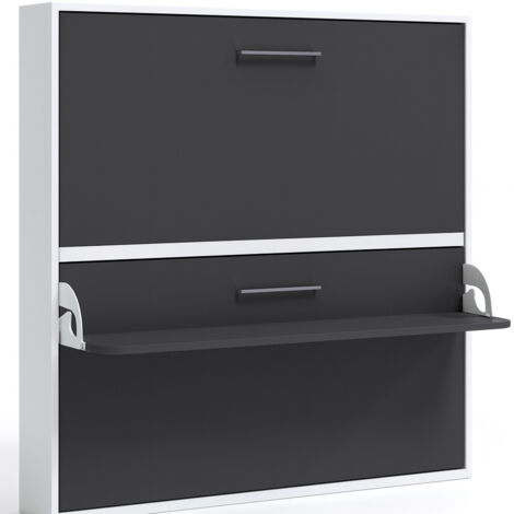 Lit escamotable horizontal superposé 90x190 avec tablette synchronisée Studio-2 matelas-Coffrage Blanc-Façade Gris anthracite