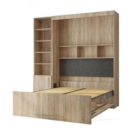 Lit escamotable LUTECIA 140190 cm chêne avec rangement bibliothèque - natural