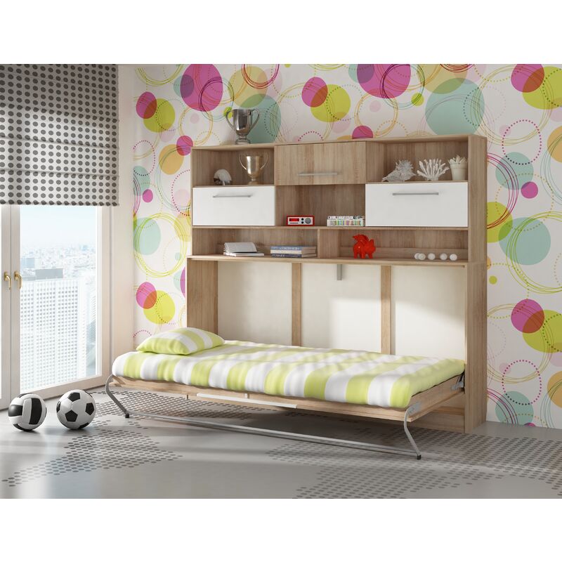 bim furniture - lit escamotable roger 90x200cm horizontal + étagère chêne sonoma / blanc