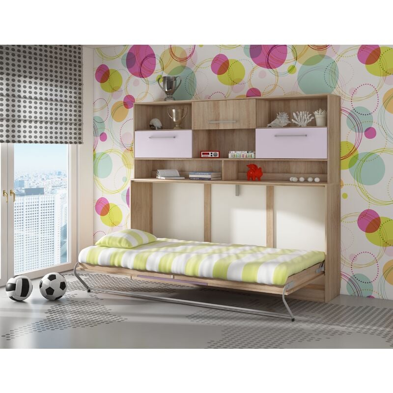 bim furniture - lit escamotable roger 90x200cm horizontal + étagère chêne sonoma / violet