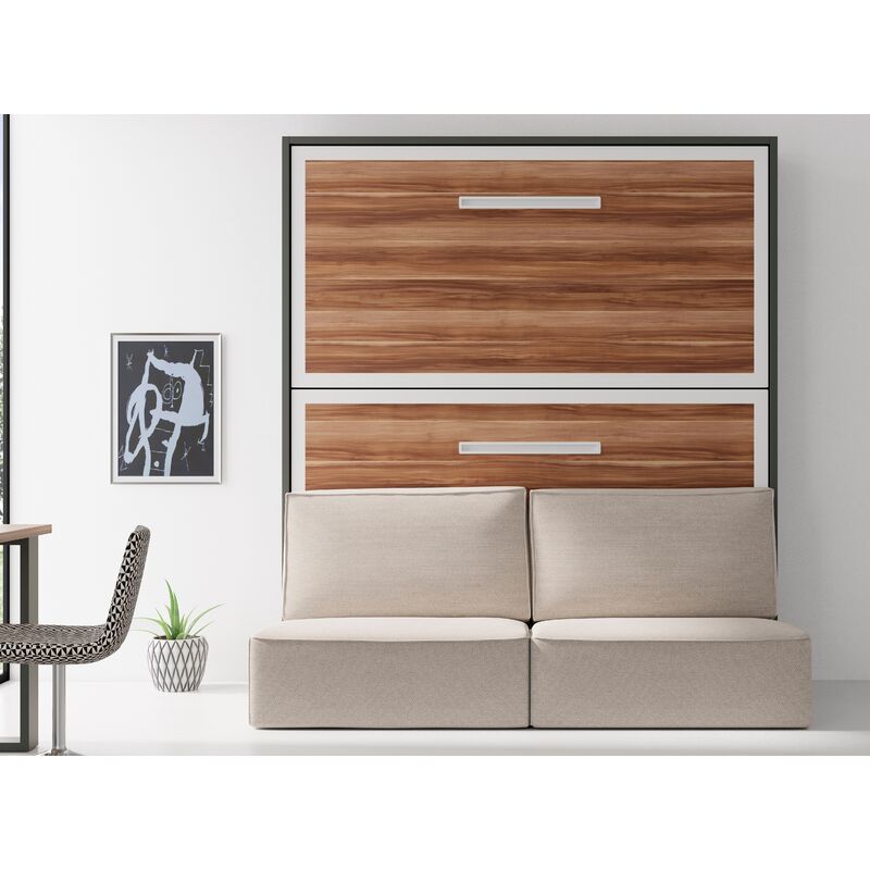 Lit escamotable superposé 90x190 cm avec canapé en tissu Ivano - Matelas Sans matelas - Canapé Noir - Façade Rouge - Coffrage Blanc