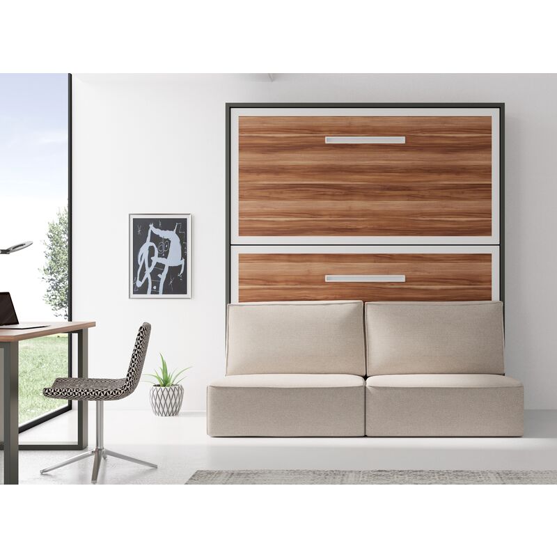 Lit escamotable superposé 90x200 cm avec canapé en tissu Ivano - Matelas 2 matelas 90x200cm - Canapé Rouge - Façade Noyer - Coffrage Noyer