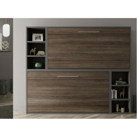 Lit escamotable superposé avec niches de rangement Briano-2 matelas 80x180cm-Couchage 80x180 cm-Coffrage Gris anthracite-Façade Frêne 3D