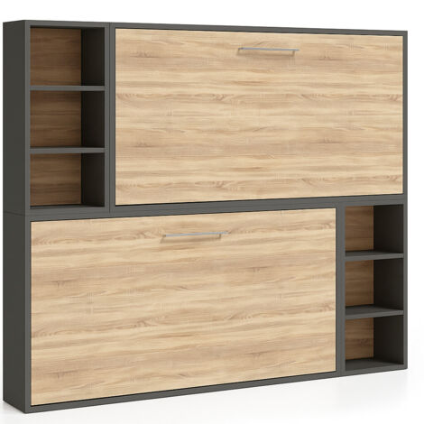 Lit escamotable superposé horizontal 2 couchages 80x190 avec étagères Binka-Coffrage Gris ciment-Façade Blanche
