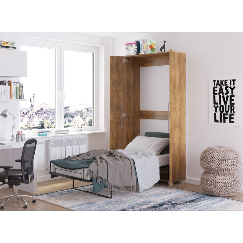 Lit escamotable TEDDY 90x200cm vertical chêne bordeaux