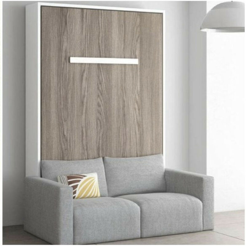 Les Tendances – Lit escamotable vertical 120x200 avec canapé tissu – Coffrage noyer – Façade blanche – Canapé gris clair – Ouverture à vérins à gaz
