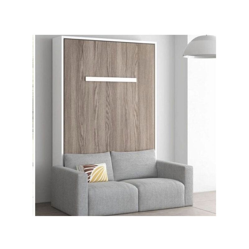 Lit escamotable vertical 140x200 cm avec canapé tissu Kimber - Façade Blanche - Canapé Beige - Coffrage Chêne 3D