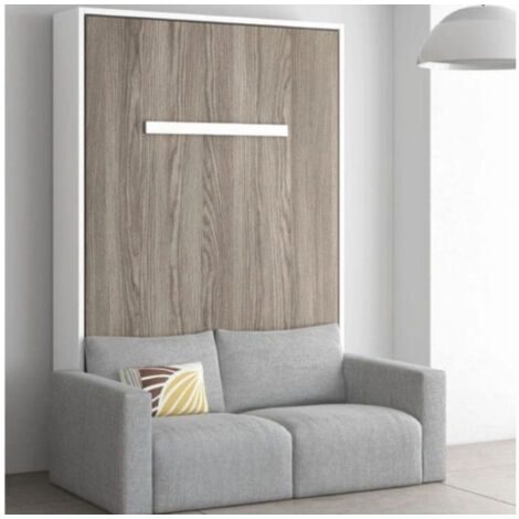 Lit escamotable vertical 150x190 avec canapé tissu Kimber Marron clair Gris ciment-Cadre Gris ciment-Façade Blanche-Canapé Marron clair