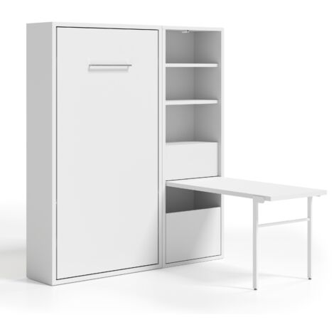 Lit escamotable vertical 160x200 avec armoire et bureau Kampo-Avec matelas-Coffrage Cambrian-Façade Blanche