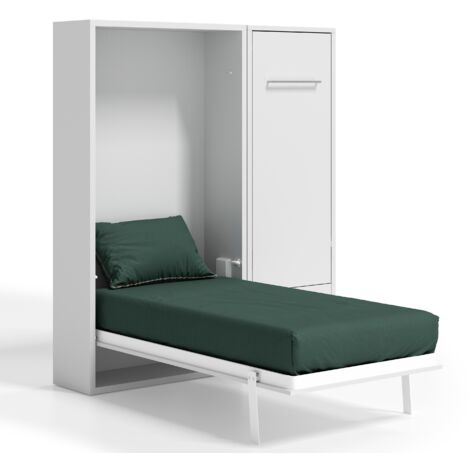 Lit escamotable vertical 160x200 avec armoire et bureau Kampo-Coffrage Blanc-Façade Blanche