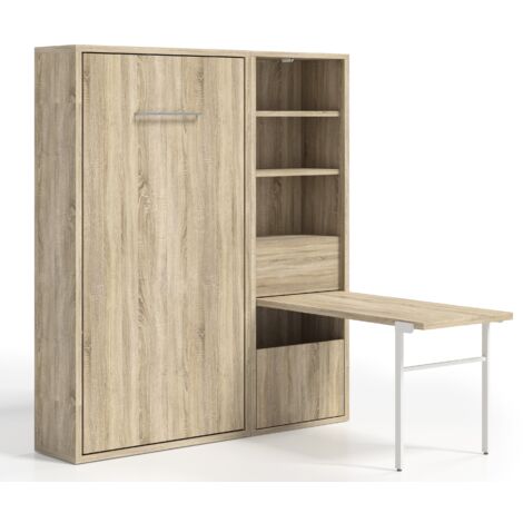 Lit escamotable vertical 90x190 avec armoire et bureau Kampo-Coffrage Chêne 3D-Façade Blanche
