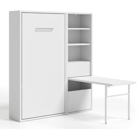 Lit escamotable vertical 90x200 avec armoire et bureau Kampo-Coffrage Blanc-Façade Blanche