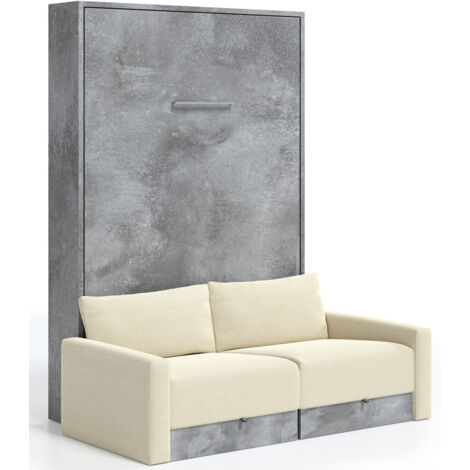 Lit escamotable vertical à tiroirs et canapé tissu VALENCIA Matelas mousse 18 cm Naturel-Avec matelas-80x180-Canapé Naturel-Structure Gris ciment