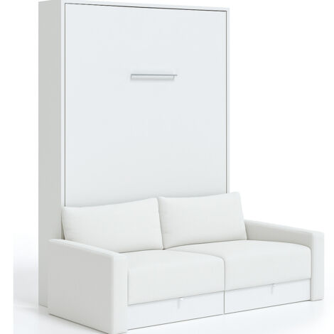 Lit escamotable vertical à tiroirs et canapé tissu VALENCIA Sans matelas Blanc-80x180-Canapé Blanc-Structure Blanche