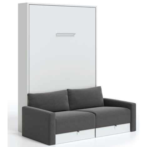 Lit escamotable vertical à tiroirs et canapé tissu VALENCIA Sans matelas Gris foncé-90x190-Canapé Gris foncé-Structure Blanche